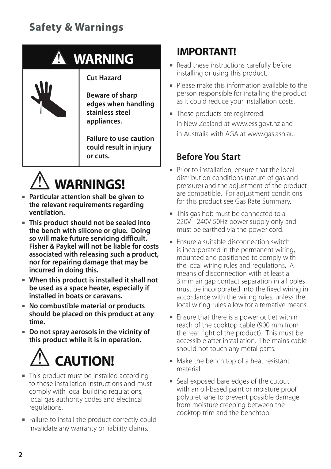 Fisher & Paykel CG603 installation instructions Safety & Warnings, Before You Start, These products are registered 