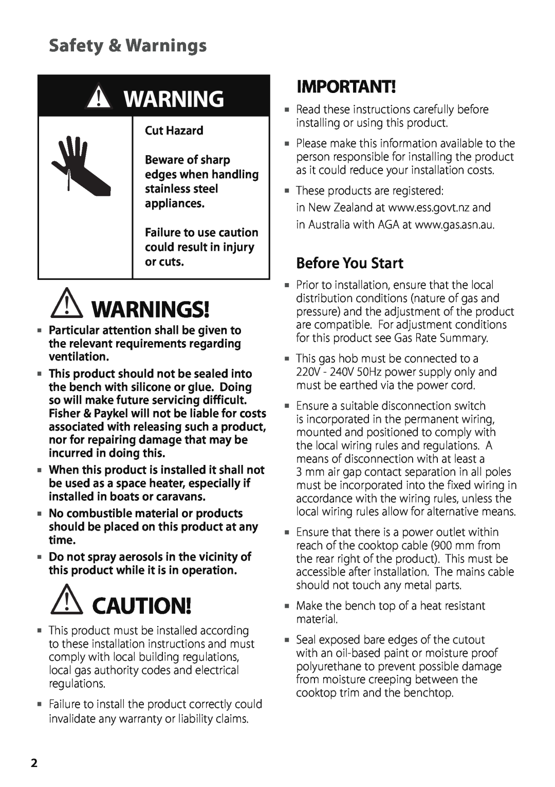 Fisher & Paykel CG603 installation instructions Safety & Warnings, Before You Start, Cut Hazard 