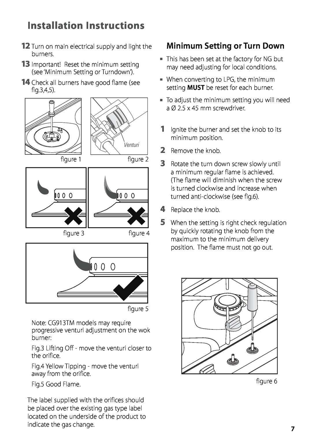 Fisher & Paykel CG603 installation instructions Minimum Setting or Turn Down, Installation Instructions 