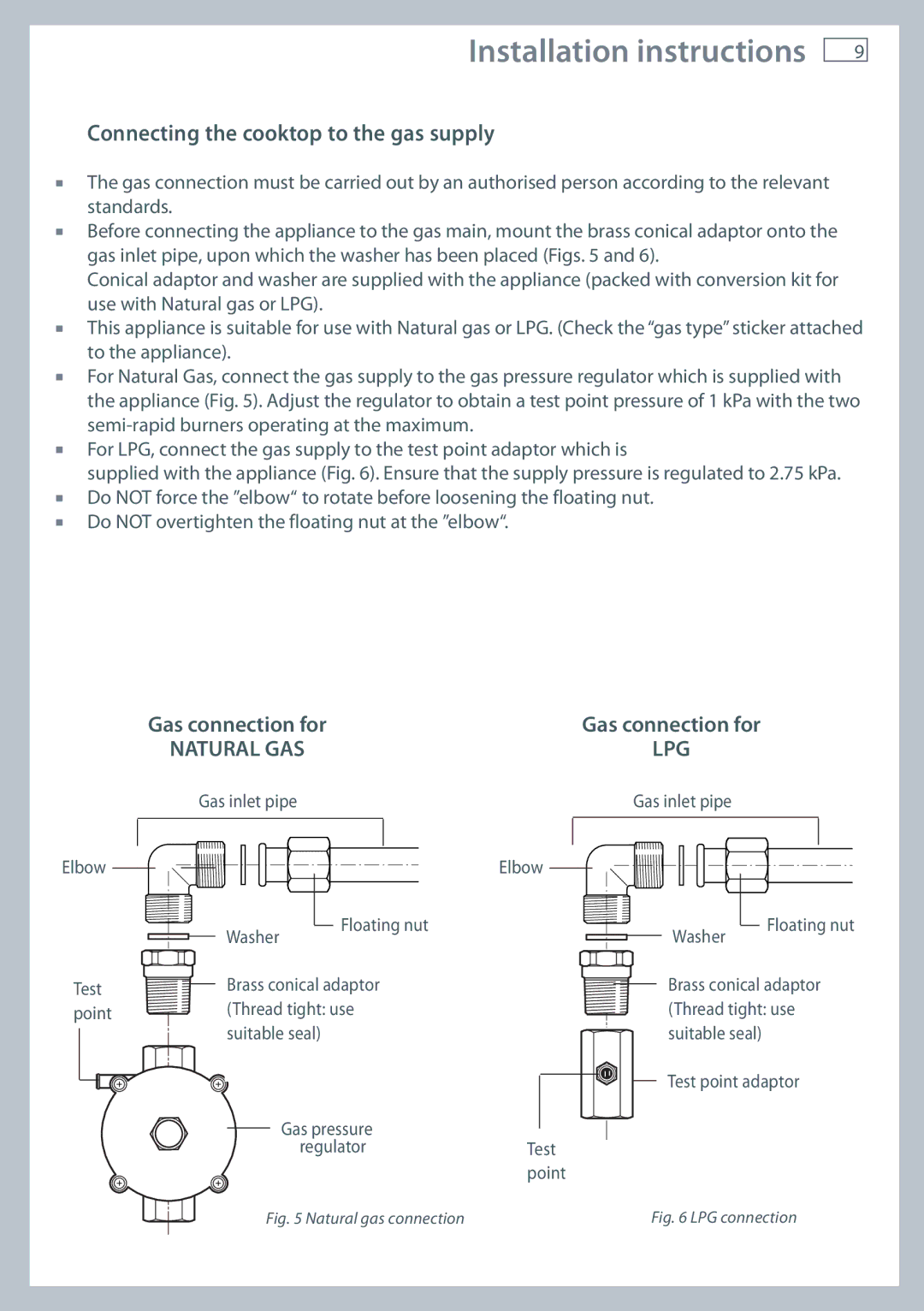 Fisher & Paykel CG905, CG604 installation instructions Connecting the cooktop to the gas supply, Gas connection for 