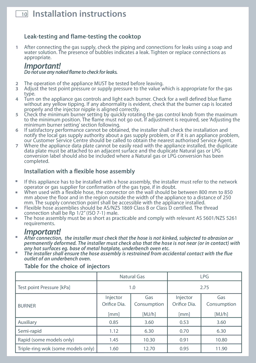 Fisher & Paykel CG604, CG905 Leak-testing and flame-testing the cooktop, Installation with a flexible hose assembly 
