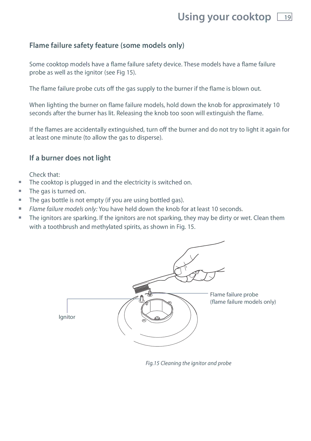 Fisher & Paykel CG905, CG604 Flame failure safety feature some models only, If a burner does not light 