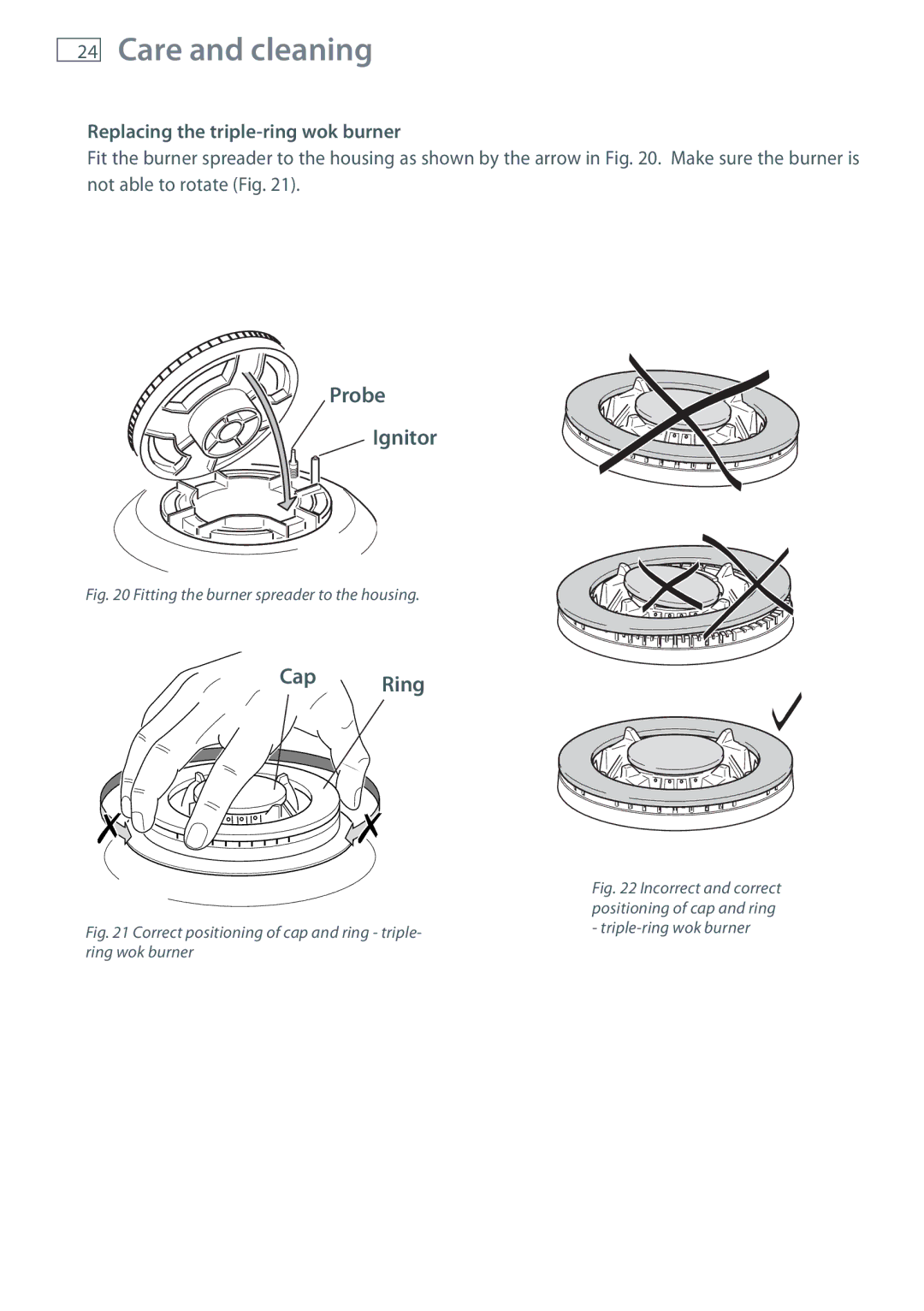 Fisher & Paykel CG604, CG905 Replacing the triple-ring wok burner, Fitting the burner spreader to the housing 