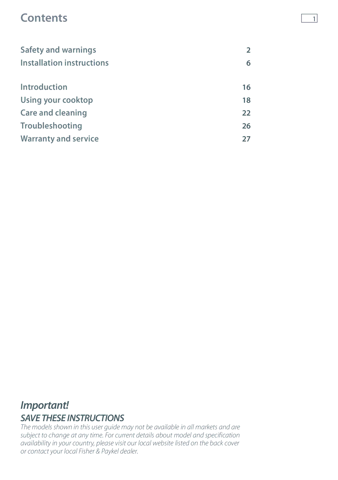 Fisher & Paykel CG905, CG604 installation instructions Contents 