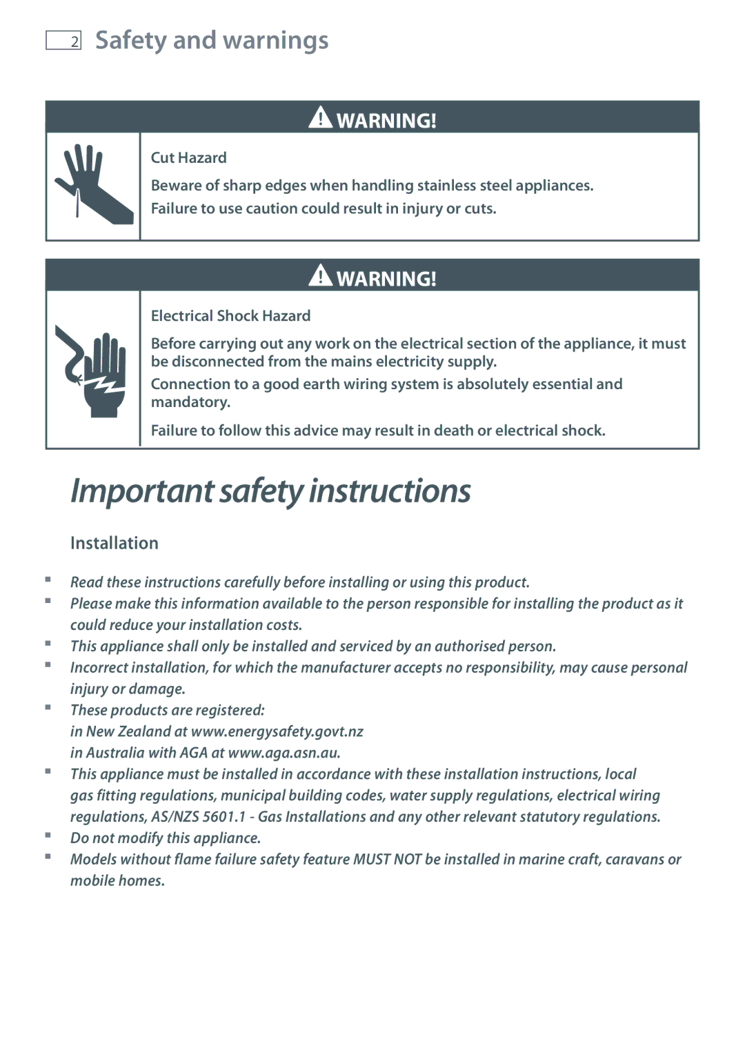 Fisher & Paykel CG604, CG905 installation instructions Safety and warnings, Installation 