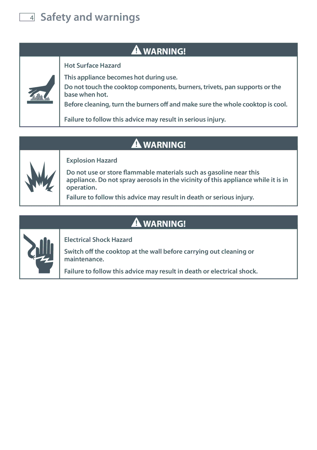 Fisher & Paykel CG604, CG905 installation instructions Safety and warnings 