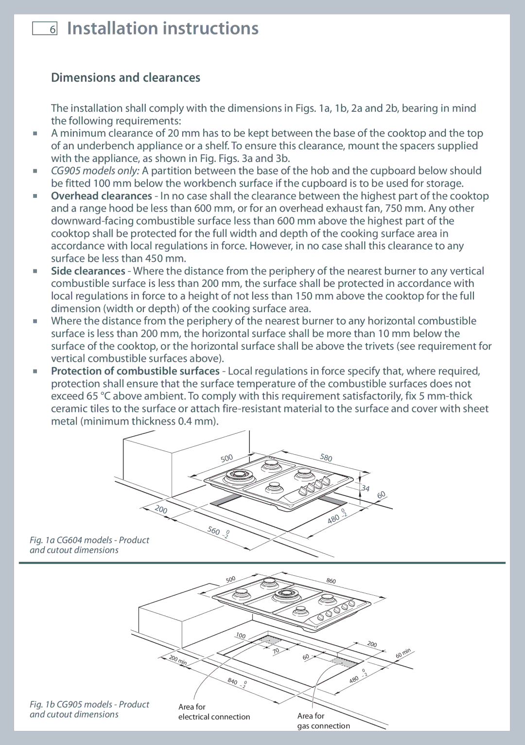 Fisher & Paykel CG604, CG905 installation instructions Installation instructions, Dimensions and clearances 