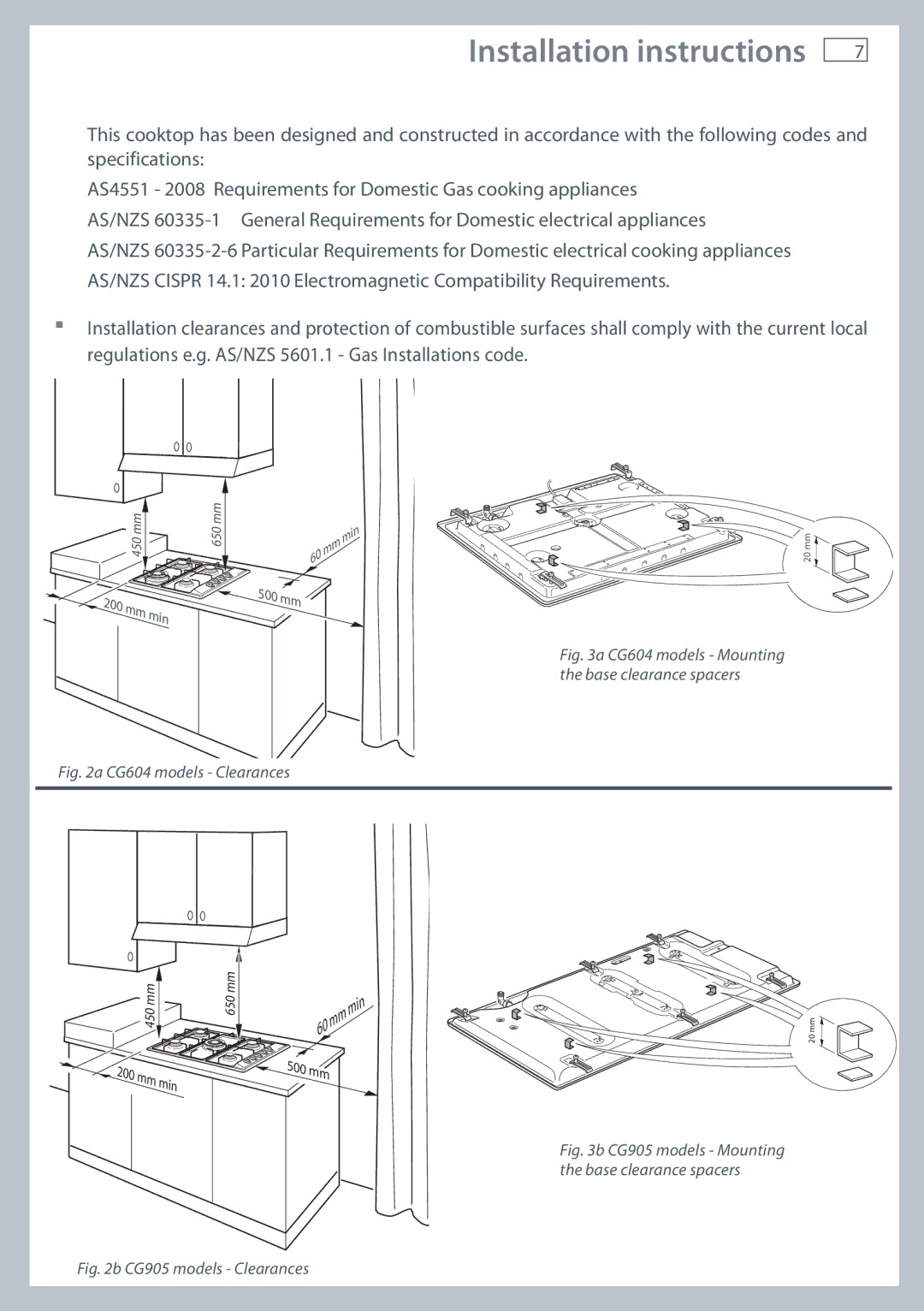 Fisher & Paykel CG905 installation instructions CG604 models Clearances 