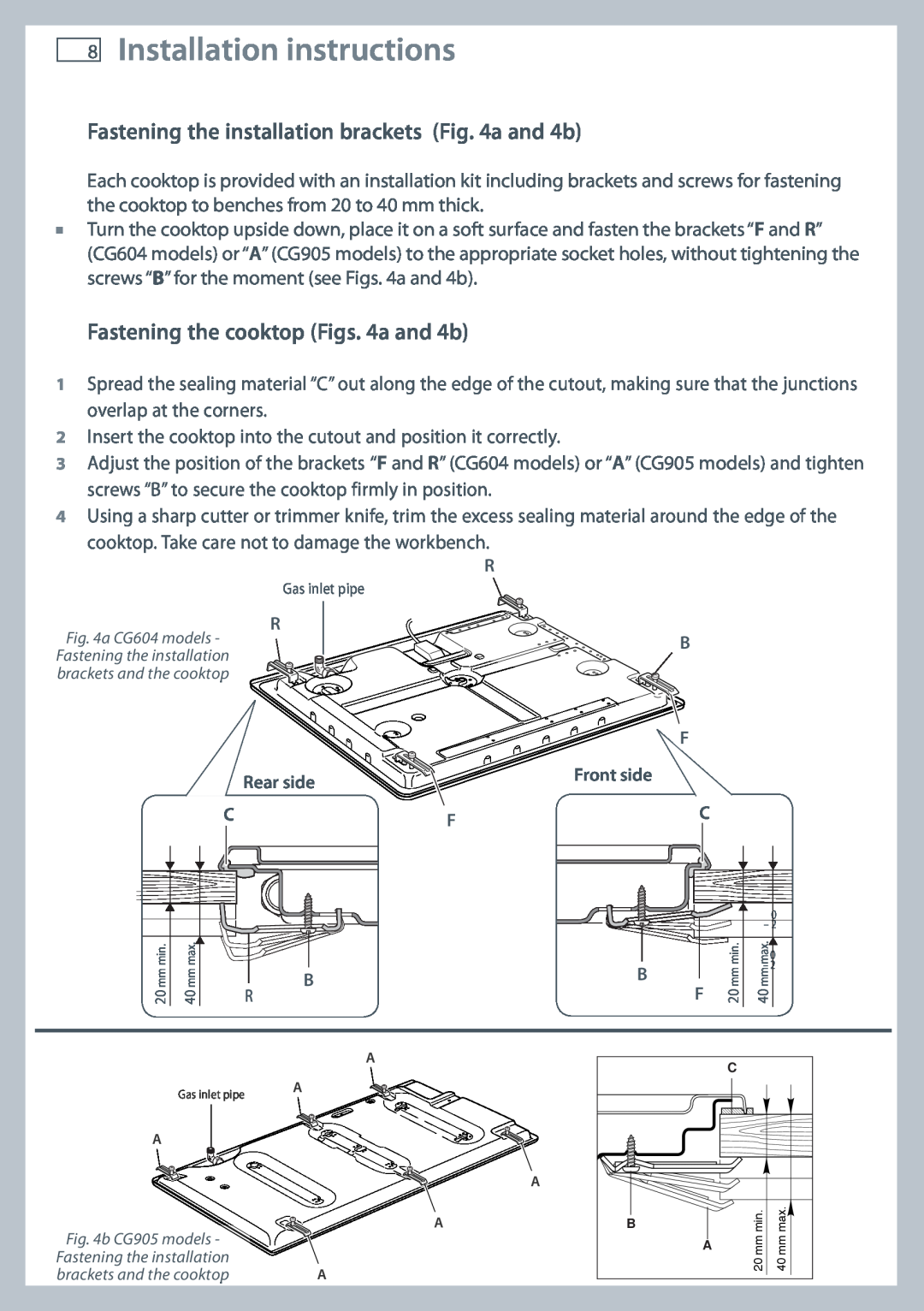 Fisher & Paykel CG604, CG905 installation instructions Fastening the cooktop Figs. 4a and 4b, Installation instructions 