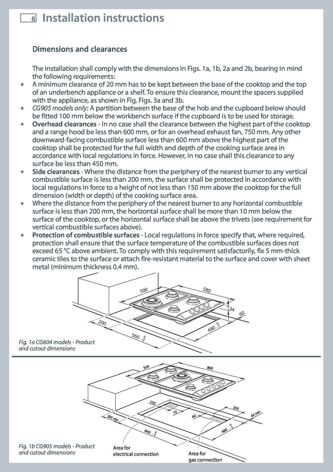 Fisher & Paykel CG604, CG905 installation instructions Installation instructions, Dimensions and clearances 