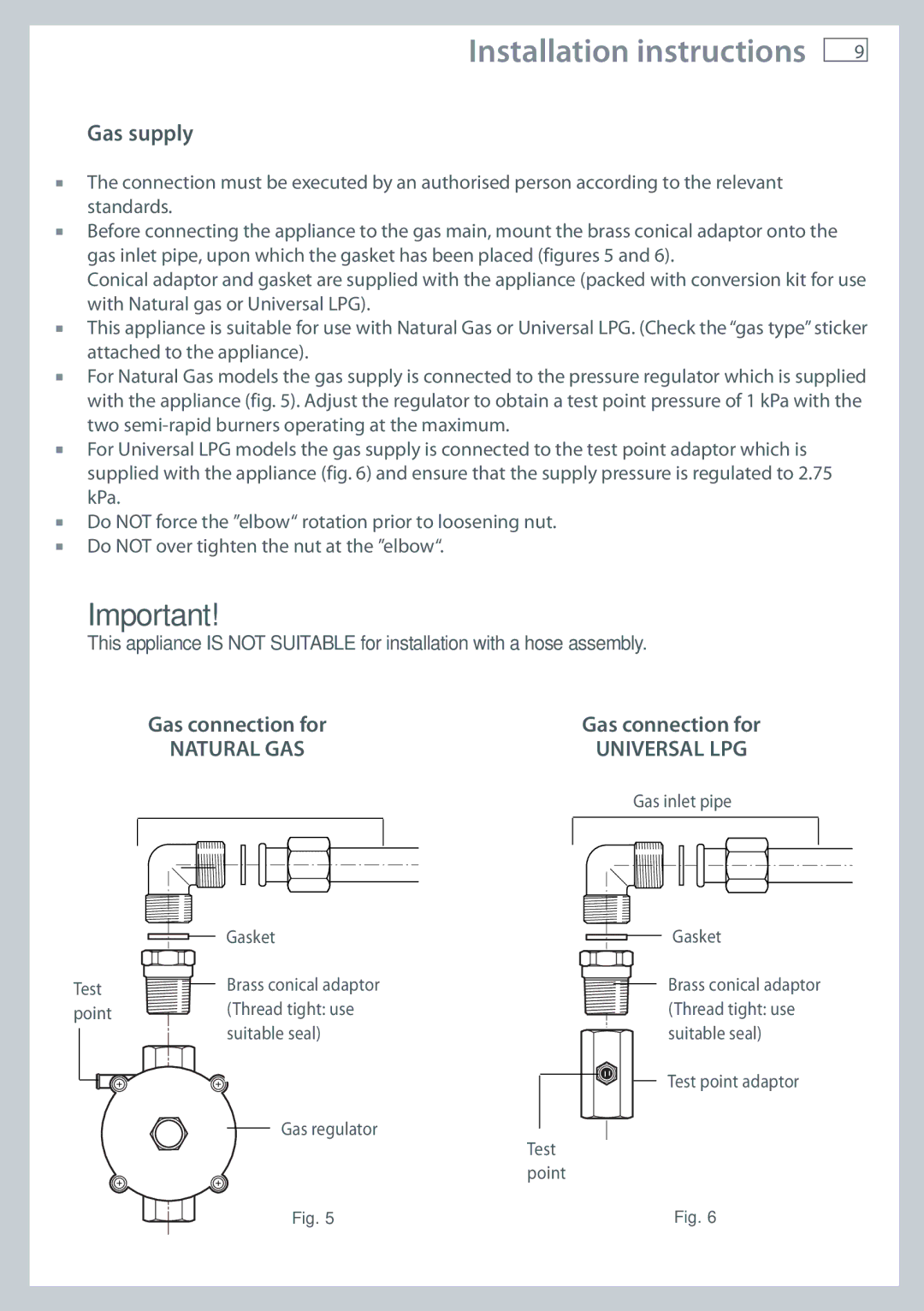 Fisher & Paykel CG604 installation instructions Gas supply, Gas connection for 