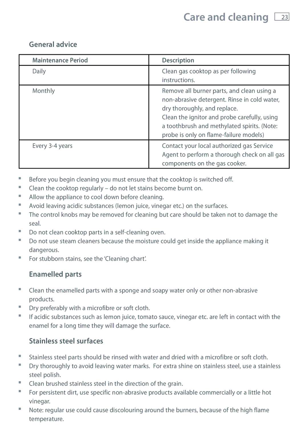 Fisher & Paykel CG604 Care and cleaning, General advice, Enamelled parts, Stainless steel surfaces 