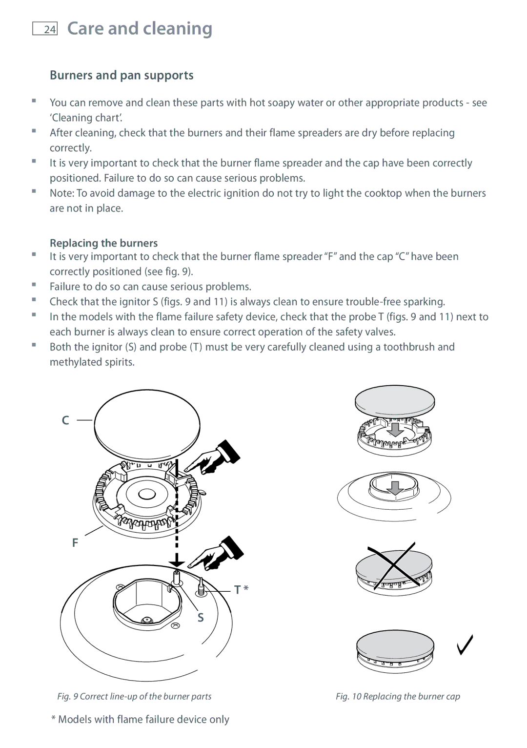 Fisher & Paykel CG604 installation instructions Burners and pan supports, Replacing the burners 