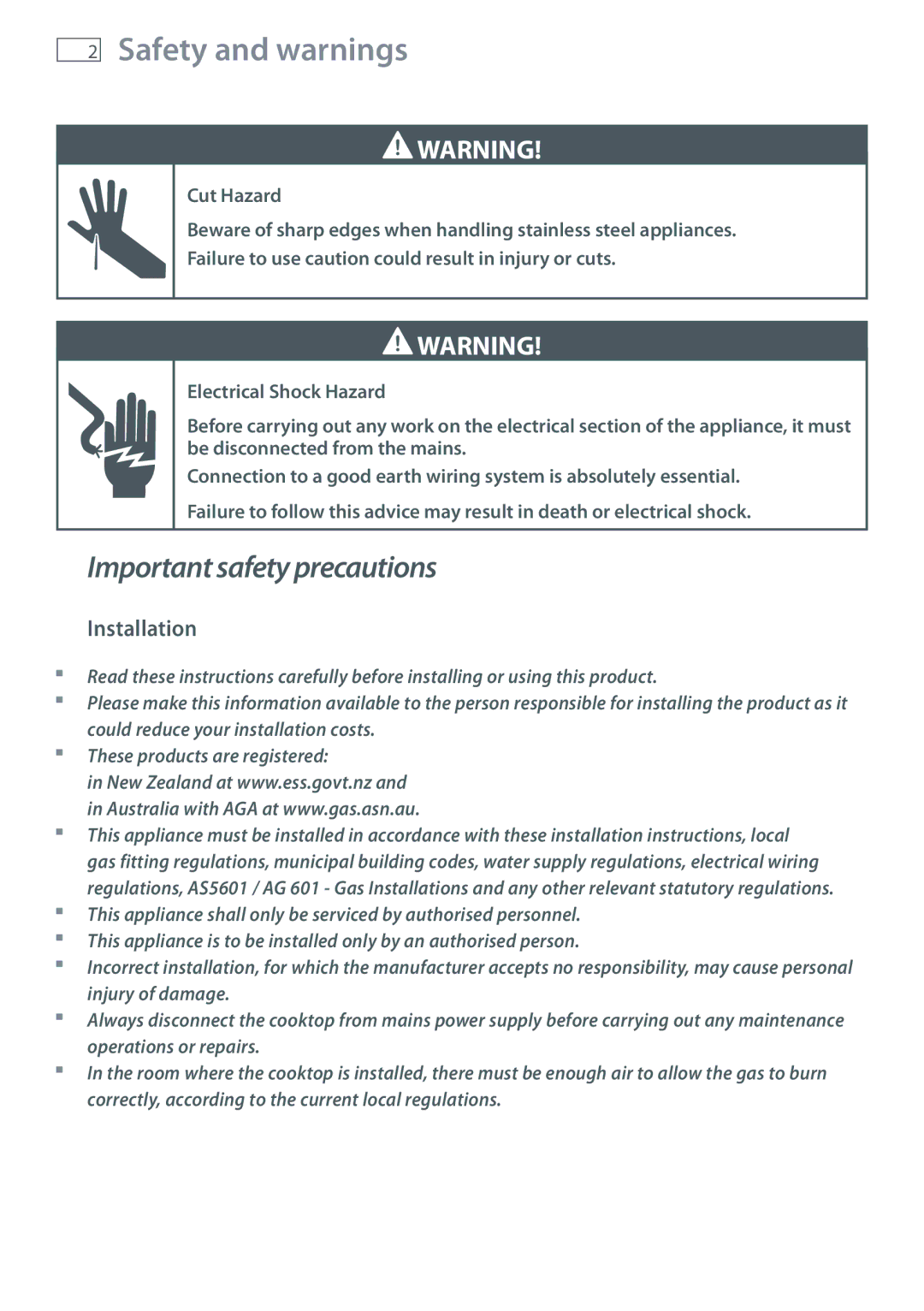 Fisher & Paykel CG604 installation instructions Safety and warnings, Installation 