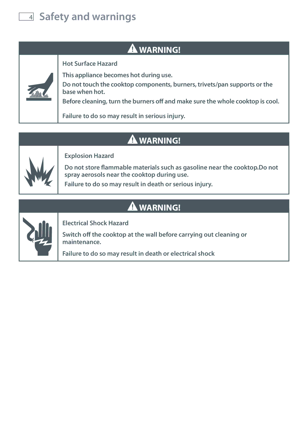 Fisher & Paykel CG604 installation instructions Safety and warnings 