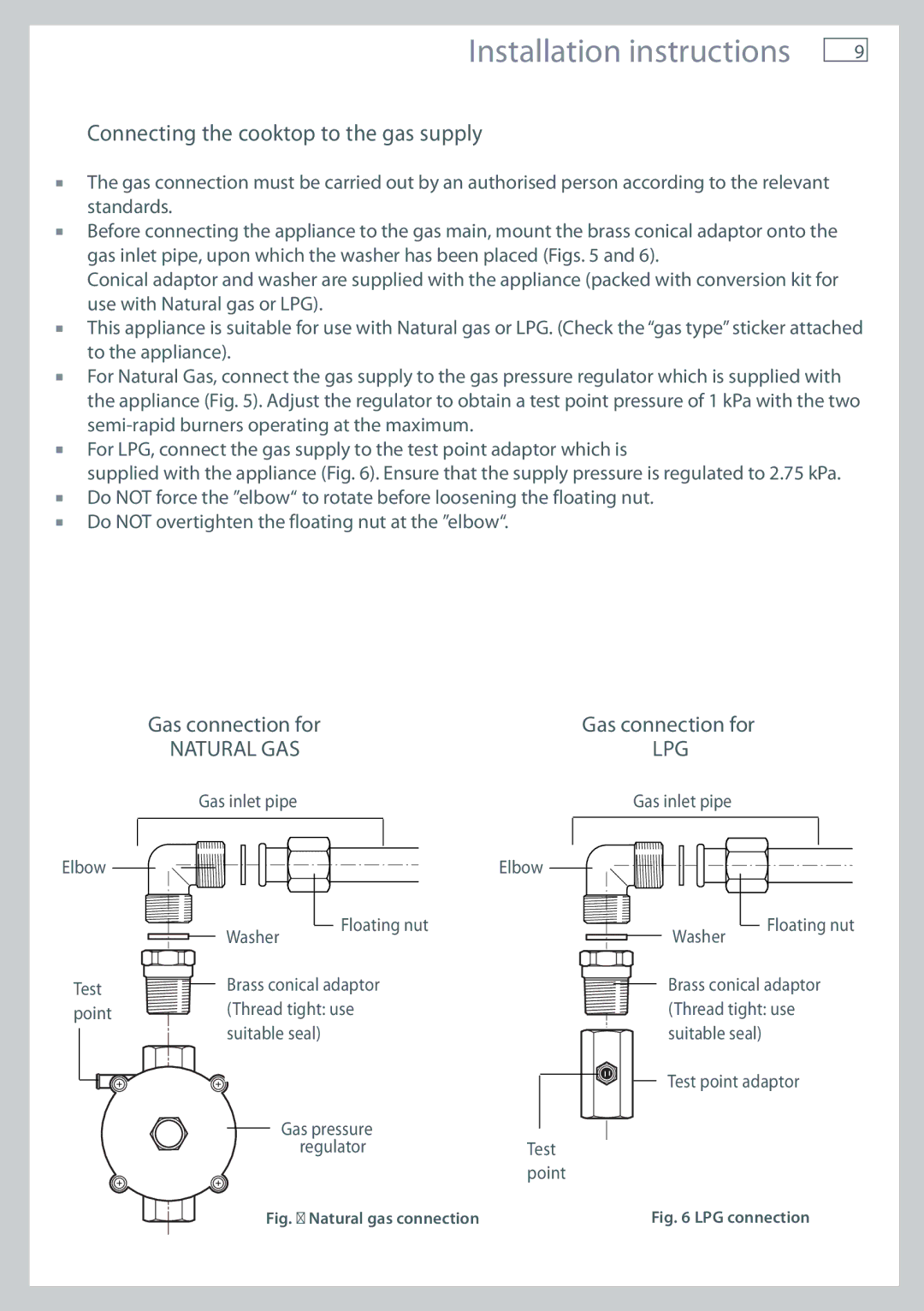 Fisher & Paykel CG604 installation instructions Connecting the cooktop to the gas supply, Gas connection for 