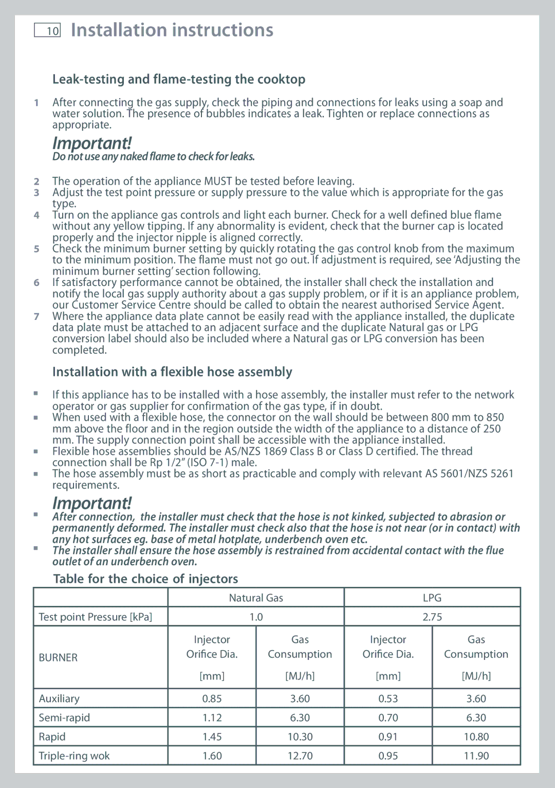 Fisher & Paykel CG604 Leak-testing and flame-testing the cooktop, Installation with a flexible hose assembly 