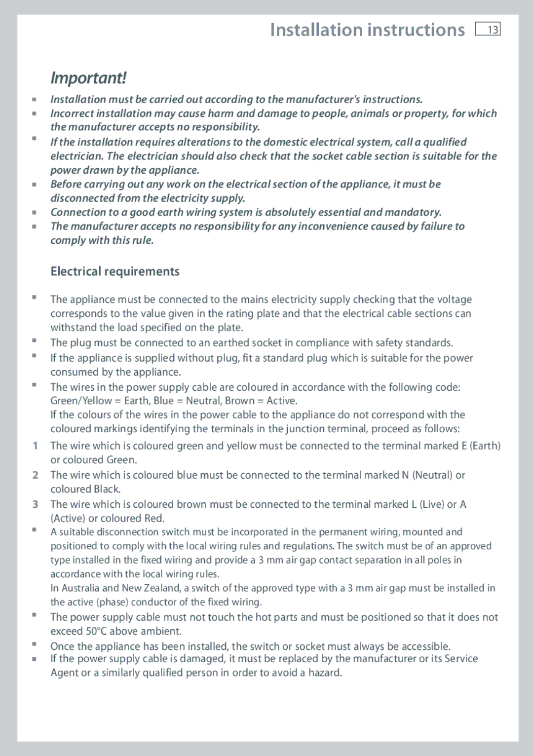 Fisher & Paykel CG604 installation instructions Electrical requirements 