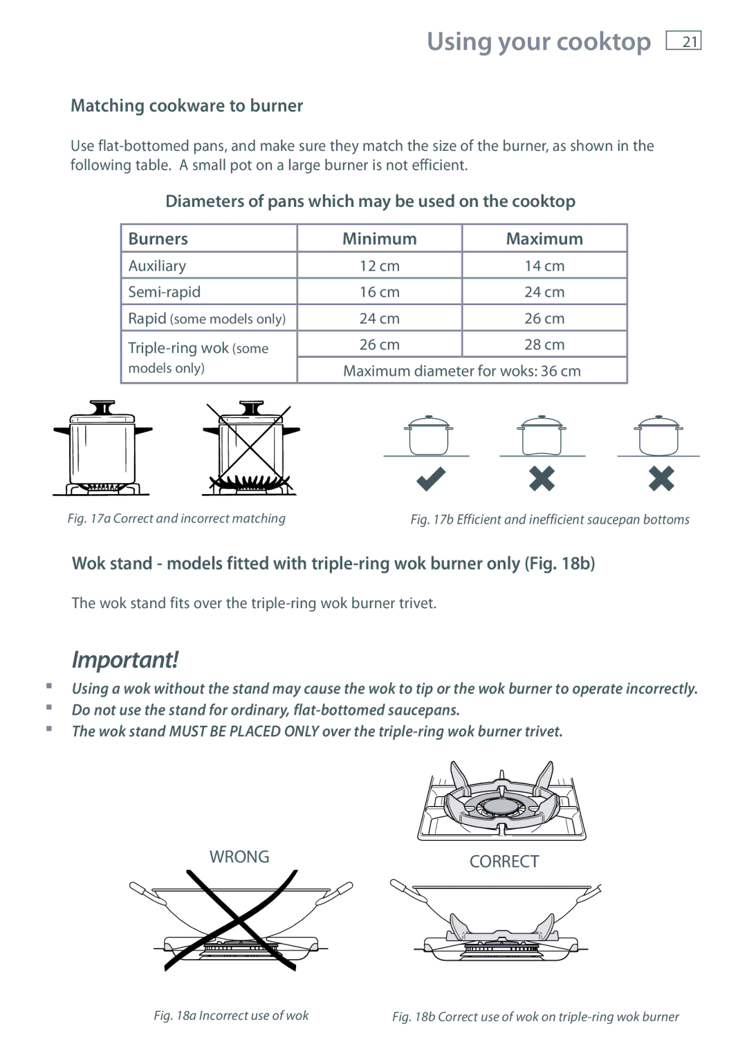 Fisher & Paykel CG604 Matching cookware to burner, Wok stand models fitted with triple-ring wok burner only b 