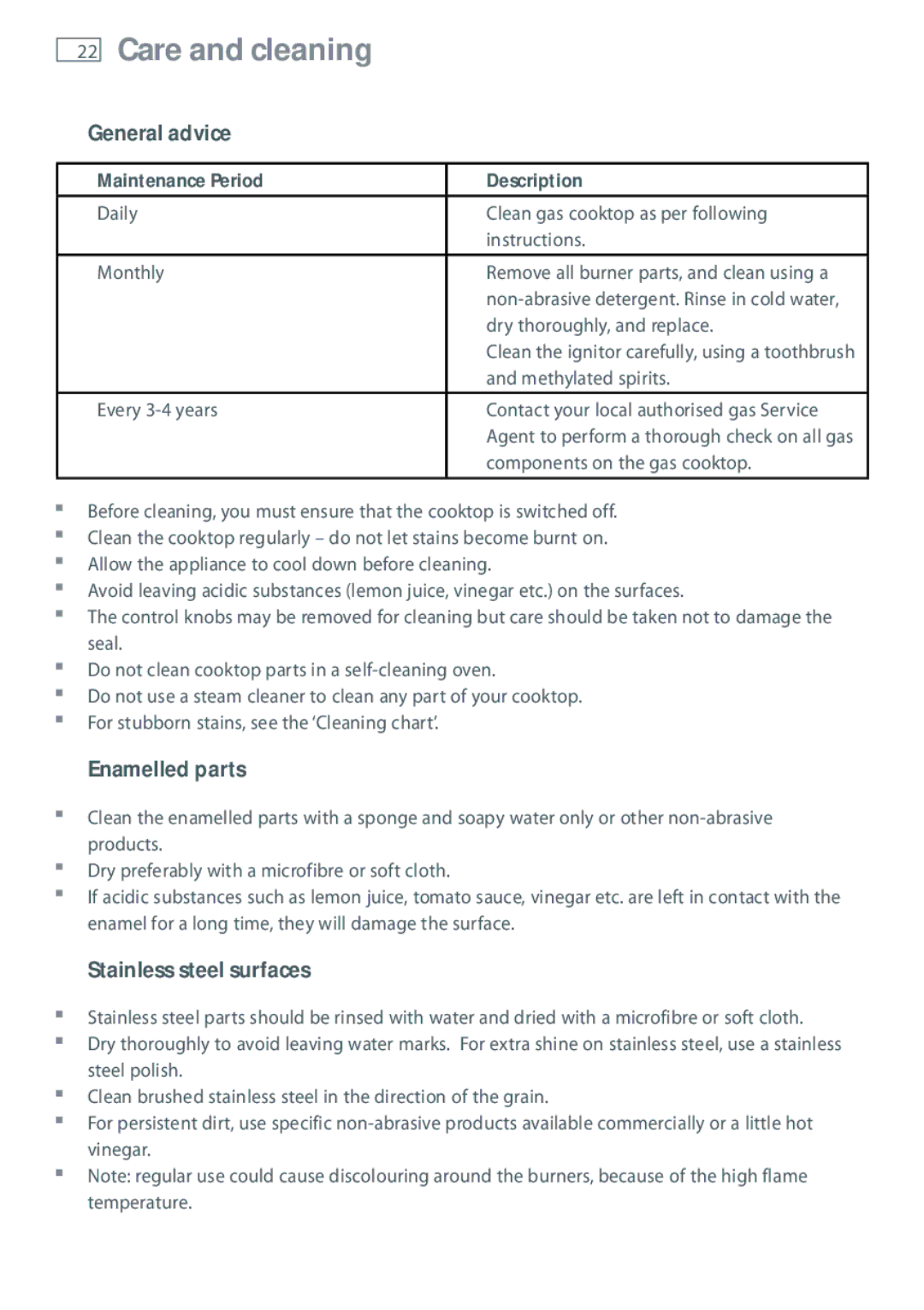 Fisher & Paykel CG604 Care and cleaning, General advice, Enamelled parts, Stainless steel surfaces 