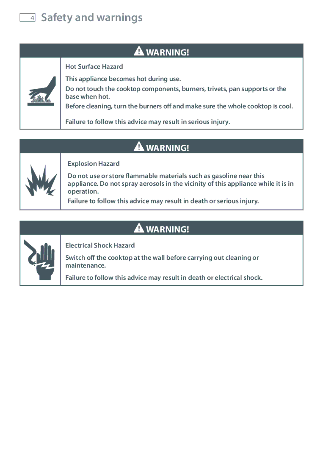 Fisher & Paykel CG604 installation instructions Safety and warnings 