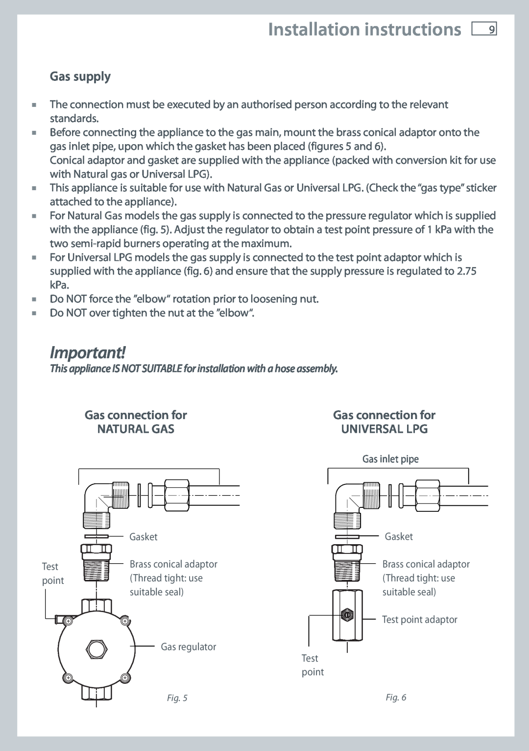 Fisher & Paykel CG604 Gas supply, Installation instructions, Gas connection for, Natural Gas, Universal Lpg 