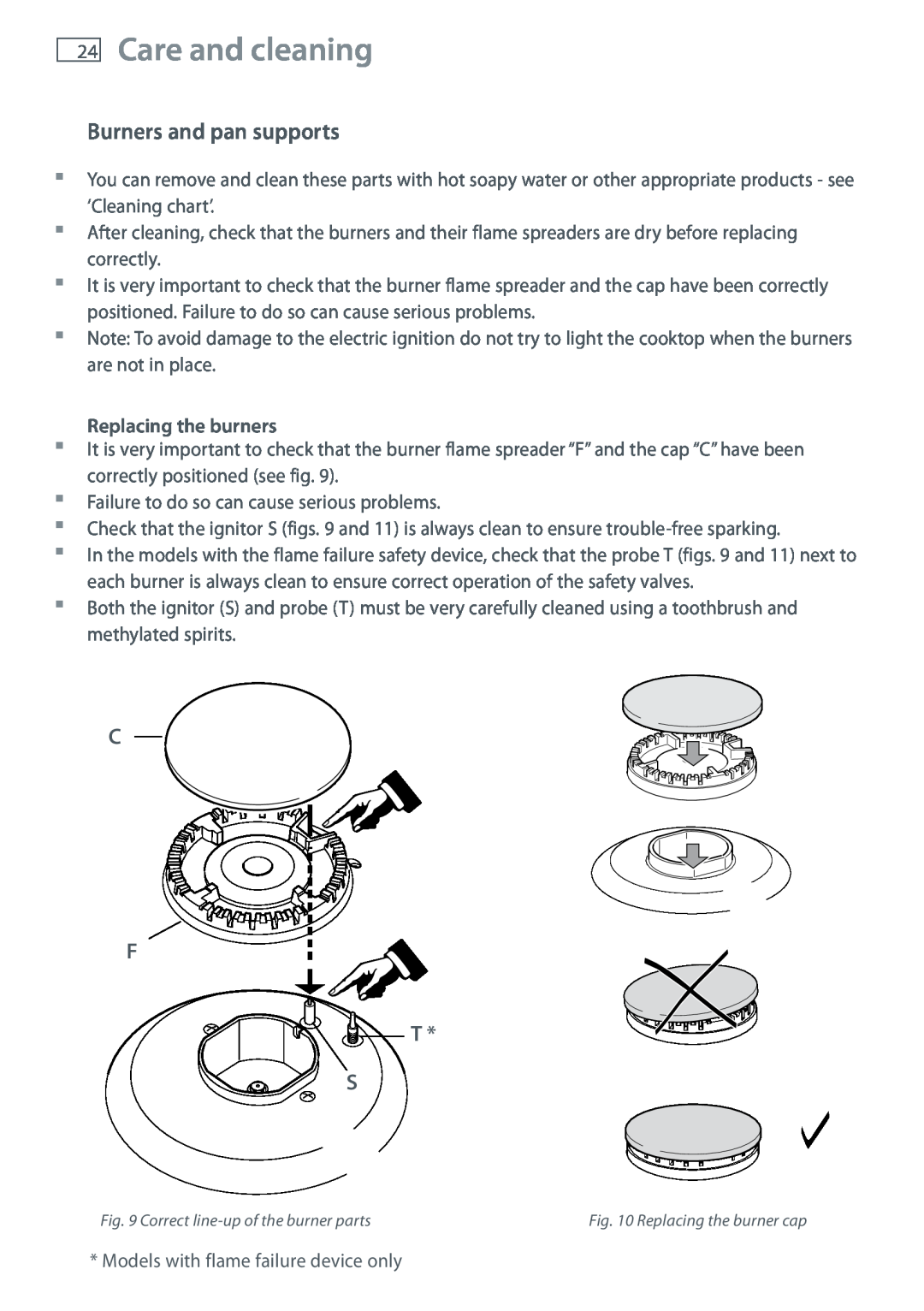 Fisher & Paykel CG604 installation instructions Burners and pan supports, C F T S, Care and cleaning 