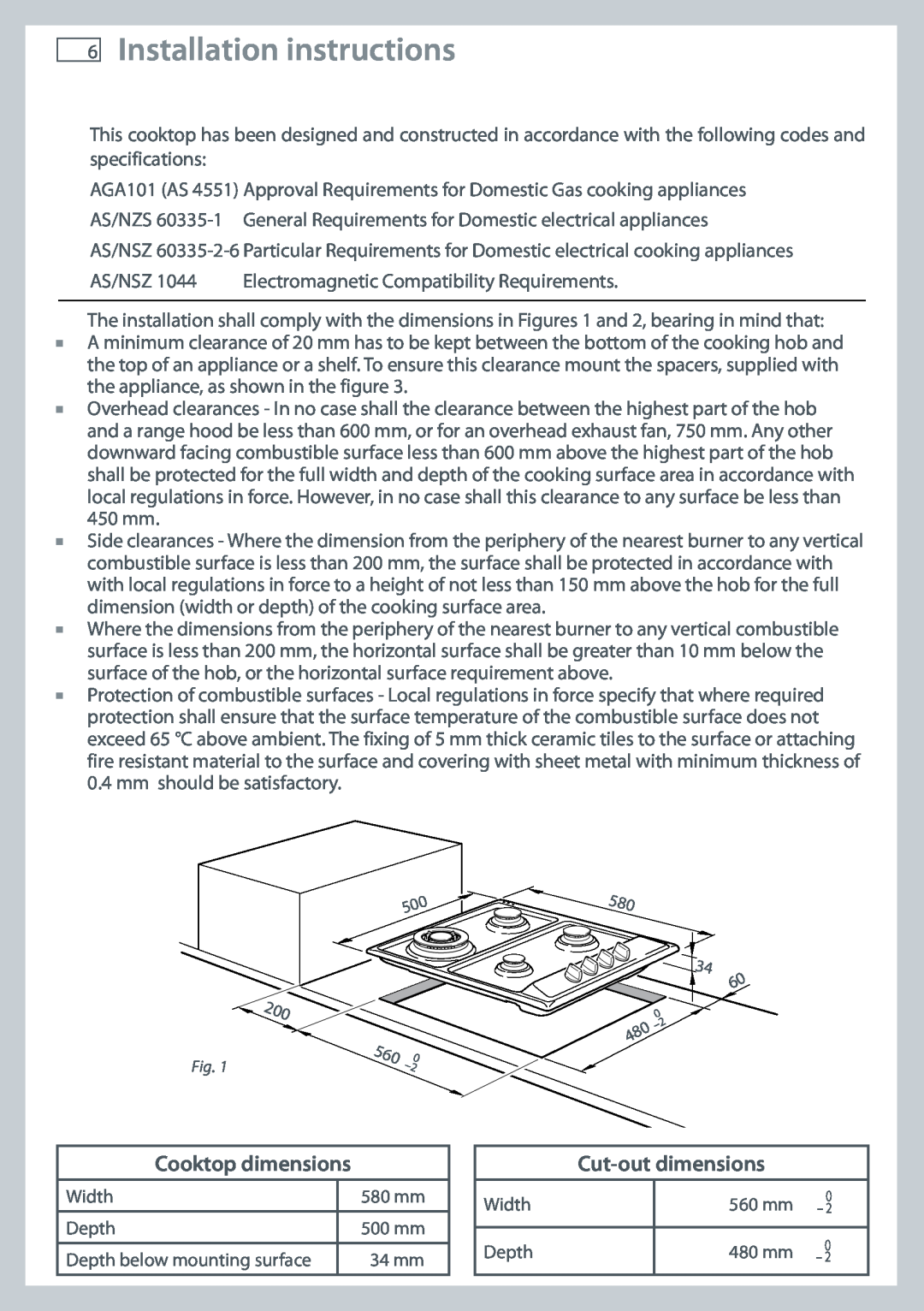 Fisher & Paykel CG604 installation instructions Installation instructions, Cooktop dimensions, Cut-outdimensions 