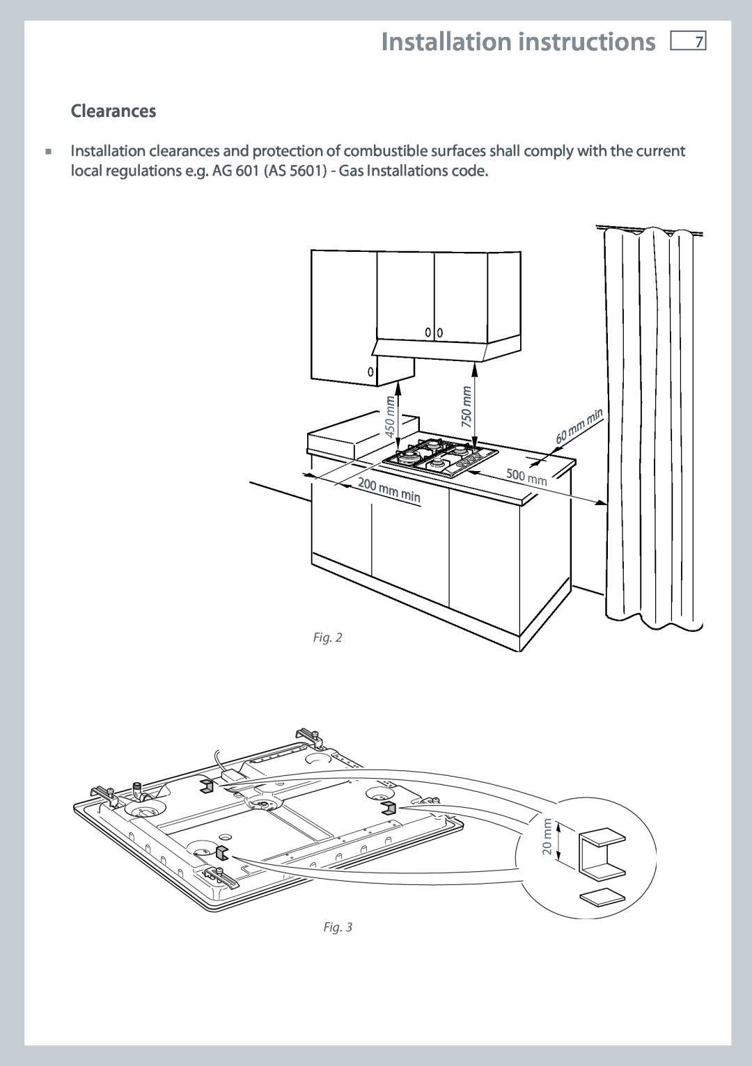 Fisher & Paykel CG604 installation instructions Clearances, Installation instructions, 450 mm, 750 mm 