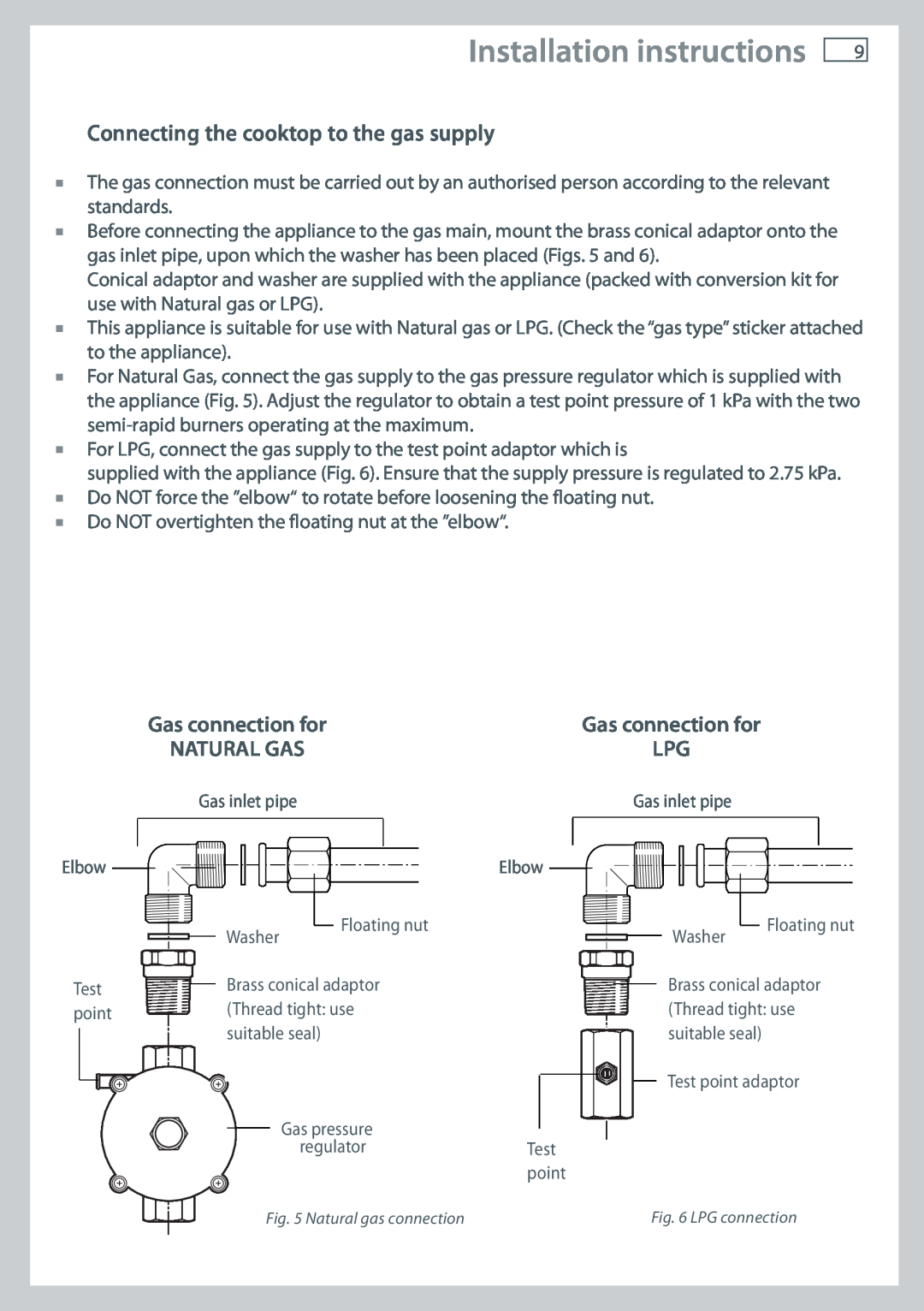 Fisher & Paykel CG604 installation instructions Connecting the cooktop to the gas supply, Installation instructions 