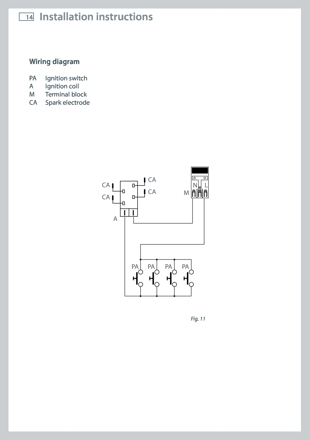 Fisher & Paykel CG604 Wiring diagram, Installation instructions, PA Ignition switch A Ignition coil M Terminal block, N L 
