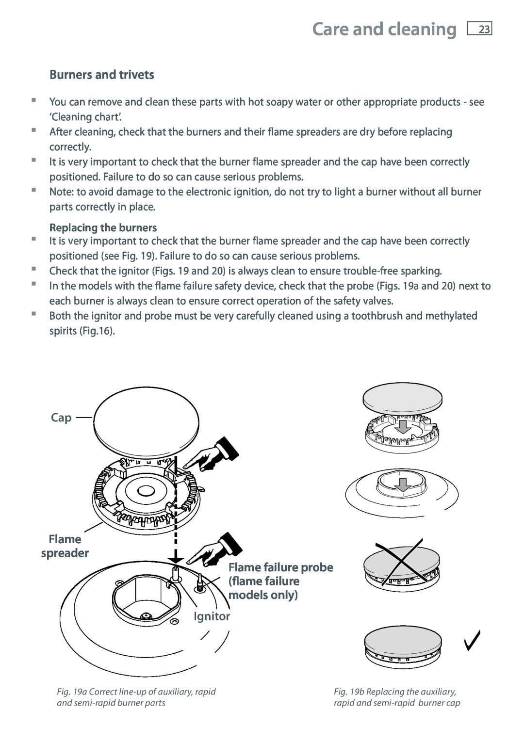 Fisher & Paykel CG604 installation instructions Burners and trivets, Cap Flame spreader, Ignitor, Care and cleaning 