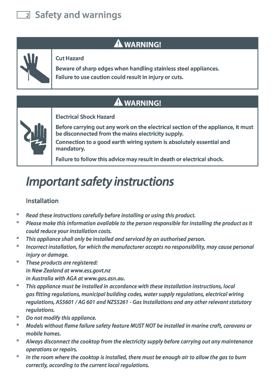 Fisher & Paykel CG604 installation instructions Important safety instructions, Safety and warnings, Installation 
