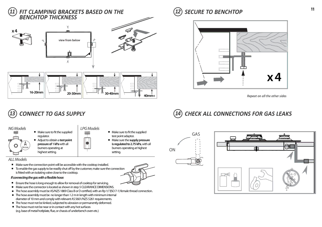 Fisher & Paykel CG903D, CG604D, CG451D, CG603D, CG905D, CG752D, CG302D FIT Clamping Brackets Based on the Benchtop Thickness 