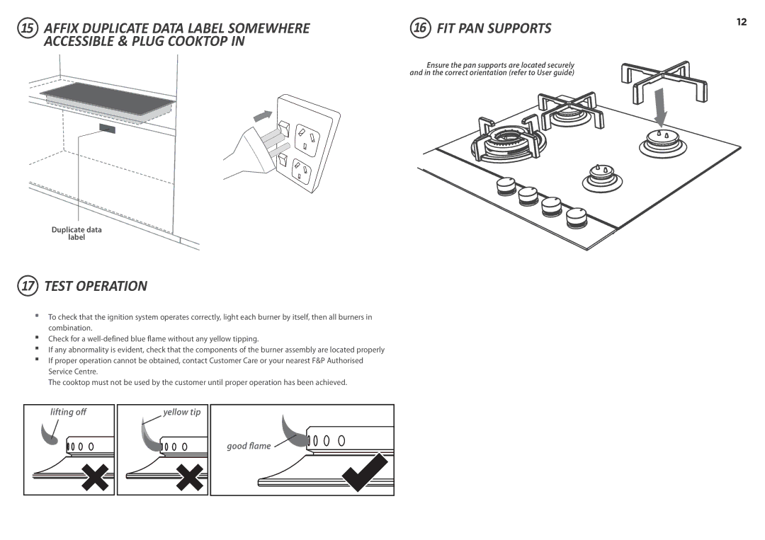 Fisher & Paykel CG752D, CG604D, CG451D, CG603D, CG905D, CG903D, CG302D installation instructions Test Operation 