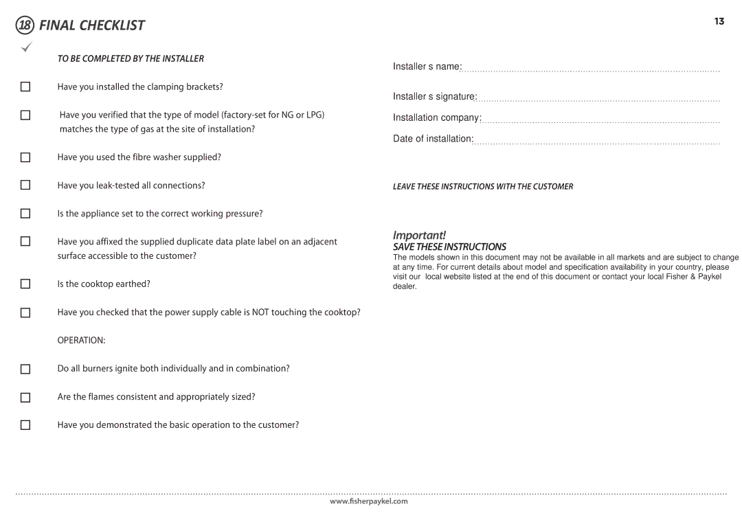 Fisher & Paykel CG302D, CG604D, CG451D, CG603D, CG905D, CG903D, CG752D Final Checklist, To be Completed by the Installer 