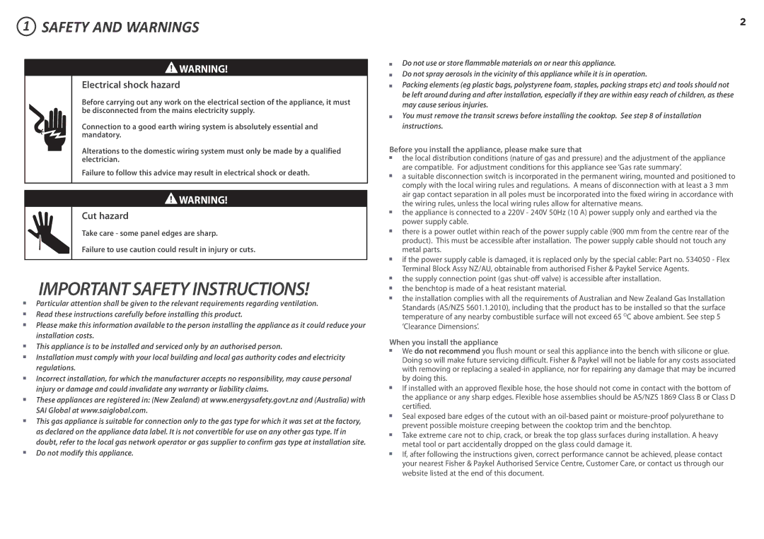 Fisher & Paykel CG603D, CG604D, CG451D, CG905D, CG903D, CG752D, CG302D Safety and Warnings, Electrical shock hazard 