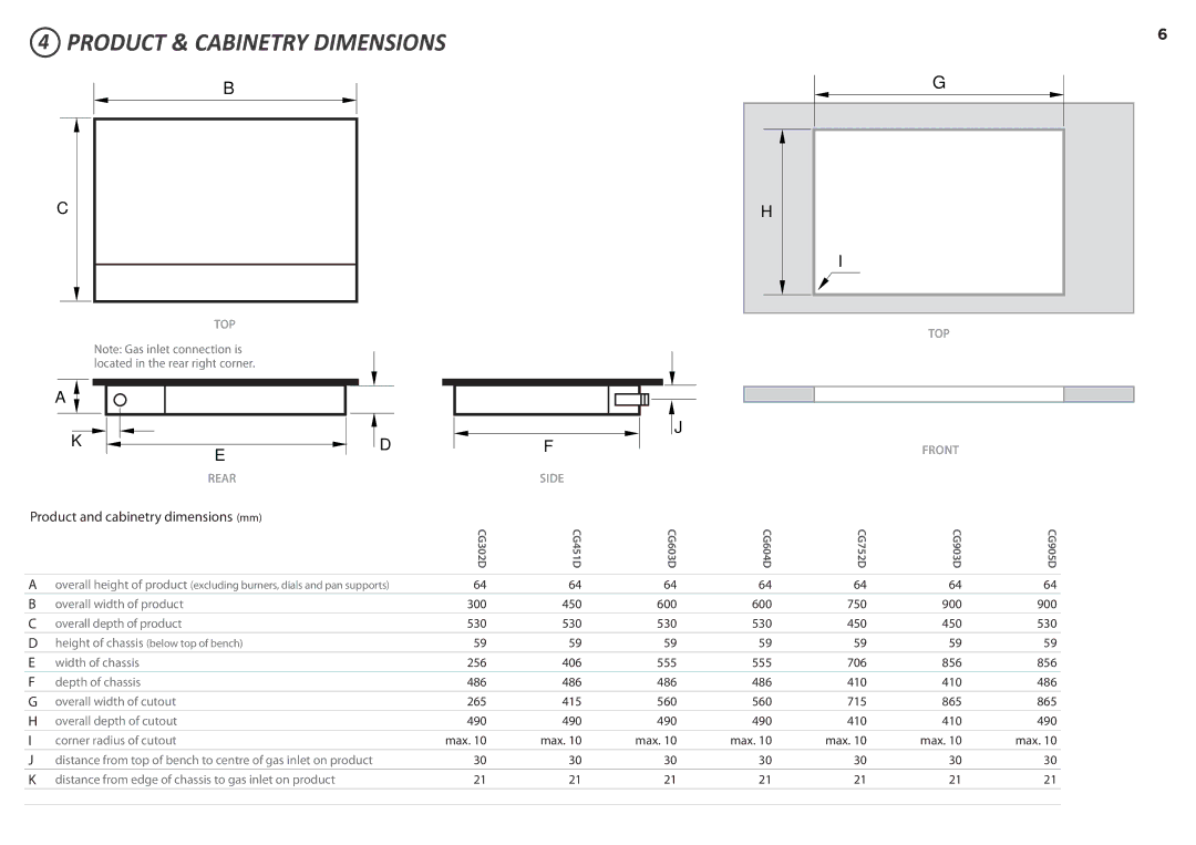 Fisher & Paykel CG302D, CG604D, CG451D, CG603D, CG905D Product & Cabinetry Dimensions, Product and cabinetry dimensions mm 