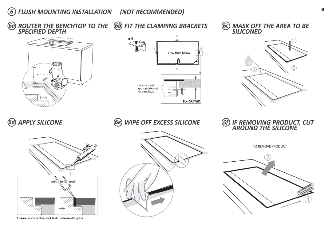 Fisher & Paykel CG603D, CG604D, CG451D, CG905D Flush Mounting Installation, Not Recommended, Siliconed, Around the Silicone 