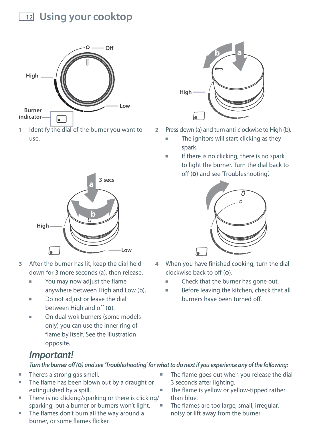 Fisher & Paykel CG604D, CG451D, CG603D, CG905D, CG903D, CG752D Using your cooktop, Ignitors will start clicking as they spark 