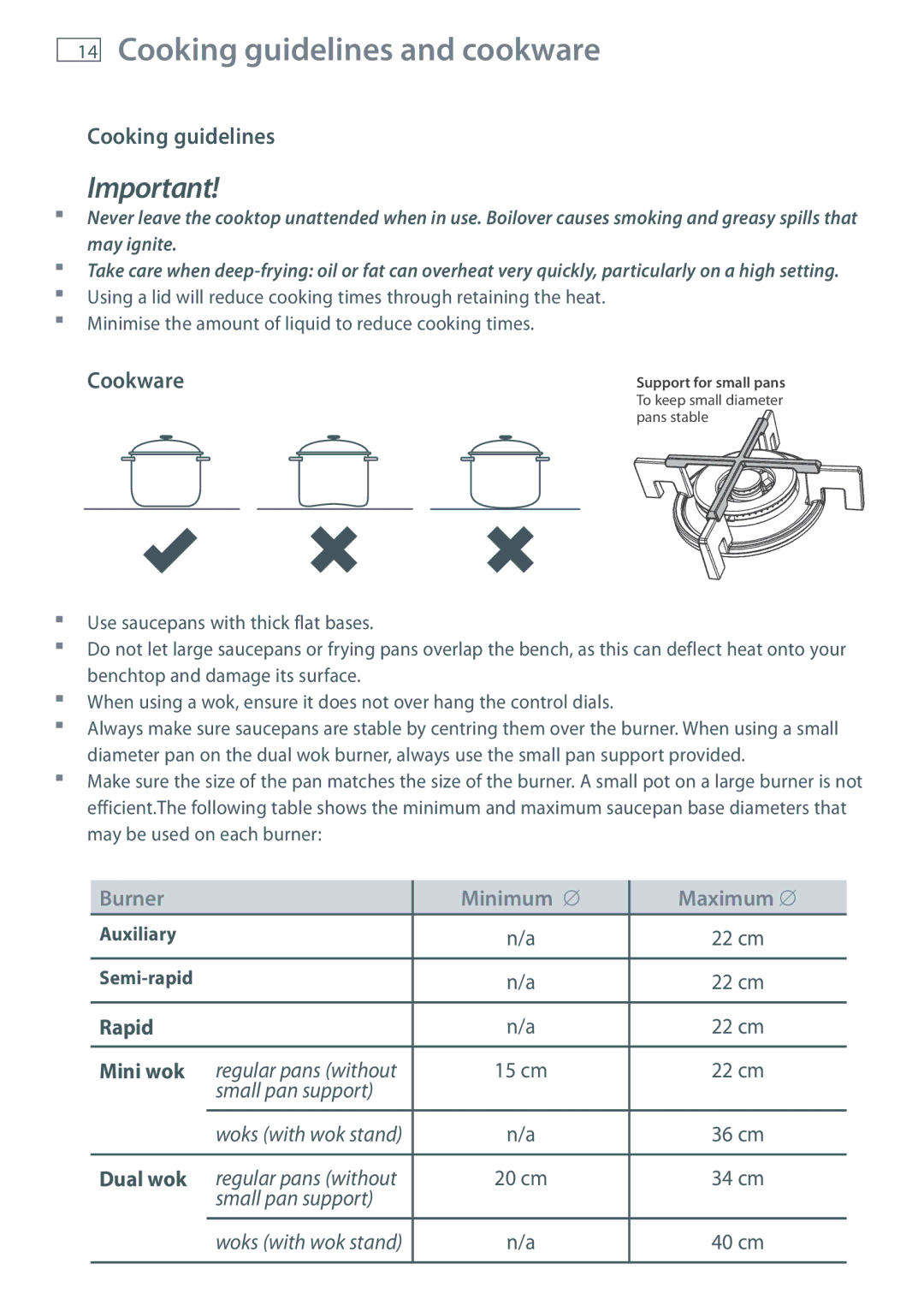 Fisher & Paykel CG603D, CG604D, CG451D, CG905D, CG903D, CG752D, CG302D manual Cooking guidelines and cookware, Cookware 