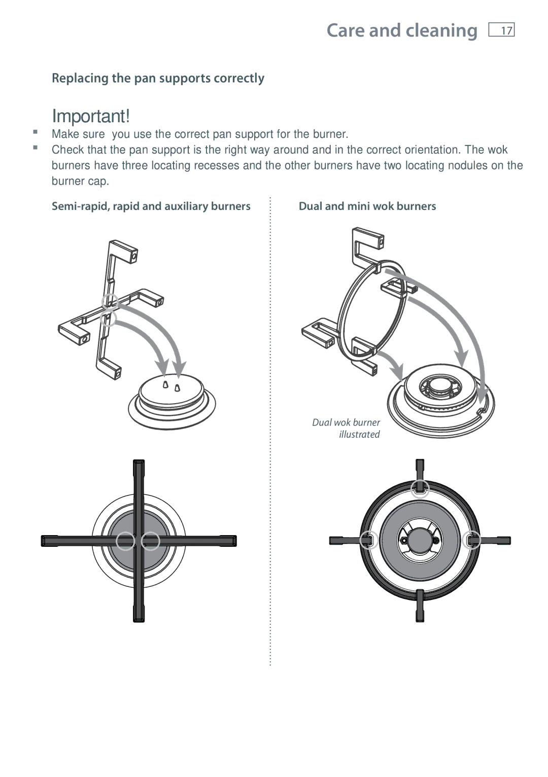 Fisher & Paykel CG752D, CG604D, CG451D, CG603D, CG905D, CG903D, CG302D manual Replacing the pan supports correctly 