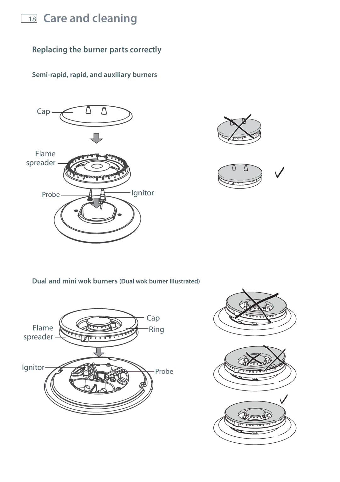 Fisher & Paykel CG302D, CG604D, CG451D, CG603D, CG905D, CG903D, CG752D manual Replacing the burner parts correctly 