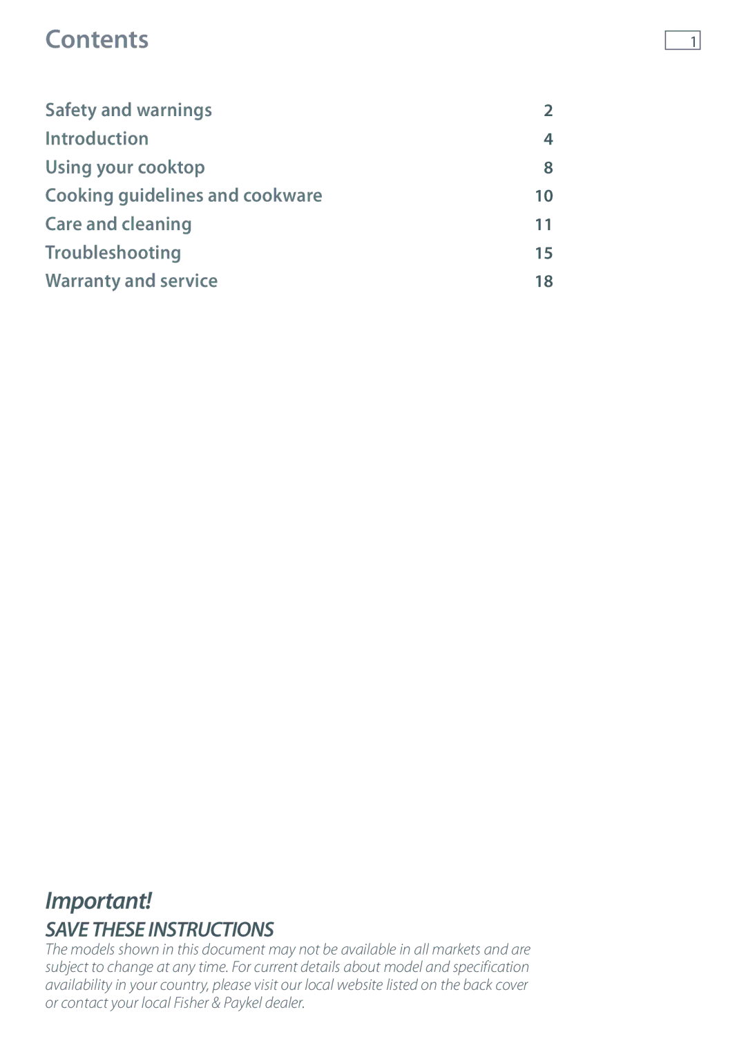 Fisher & Paykel CG905D, CG604D, CG451D, CG603D, CG903D, CG752D, CG302D manual Contents 