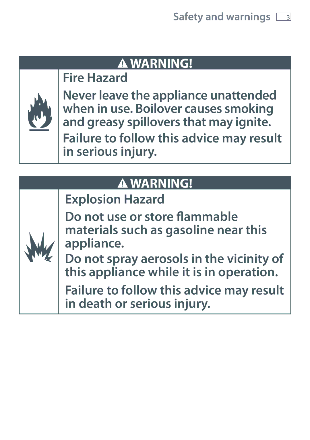 Fisher & Paykel CG752D, CG604D, CG451D, CG603D, CG905D, CG903D, CG302D manual Fire Hazard 