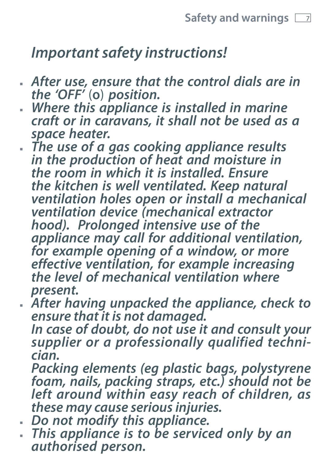 Fisher & Paykel CG603D, CG604D, CG451D, CG905D, CG903D, CG752D, CG302D manual Important safety instructions 