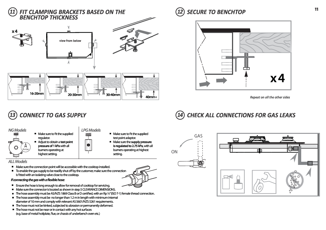 Fisher & Paykel CG903D Secure To Benchtop, 13CONNECT TO GAS SUPPLY, 14CHECK ALL CONNECTIONS FOR GAS LEAKS, Onon, NGModels 