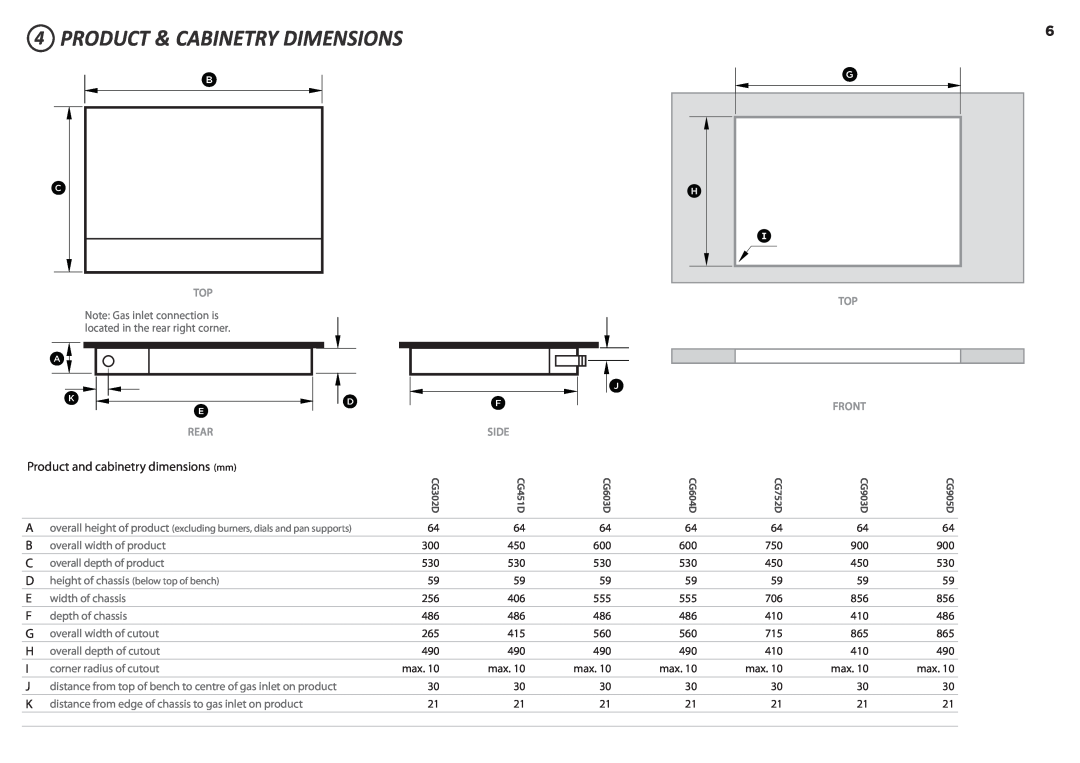 Fisher & Paykel CG302D, CG604D, CG451D, CG603D 4PRODUCT & CABINETRY DIMENSIONS, A K E, Product and cabinetry dimensions mm 