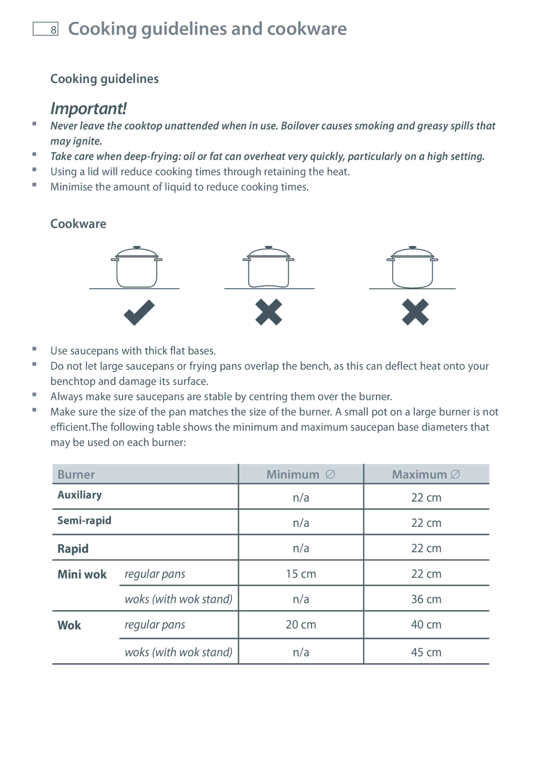 Fisher & Paykel CG604DX, CG905DX manual Cooking guidelines and cookware, Cookware, Burner Minimum ∅ Maximum ∅ 