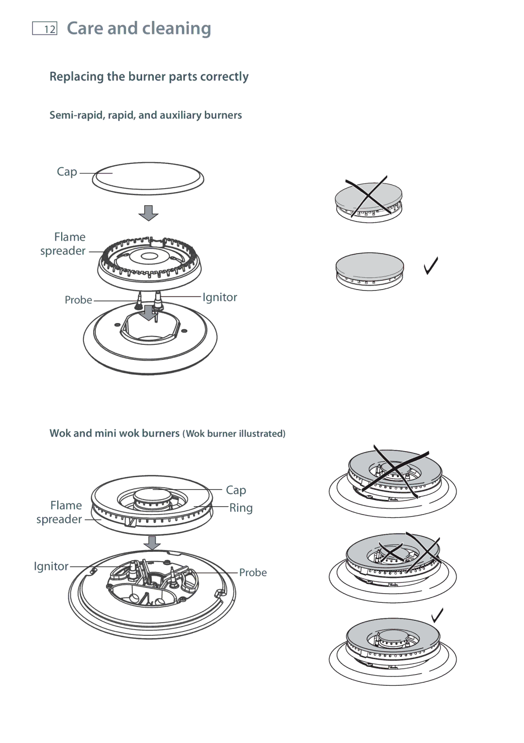 Fisher & Paykel CG604DX, CG905DX manual Replacing the burner parts correctly 